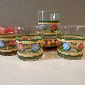 Vintage - Floral - Old Fashioned - Blue and Pink Flowers - Set of 4 - 8 oz.